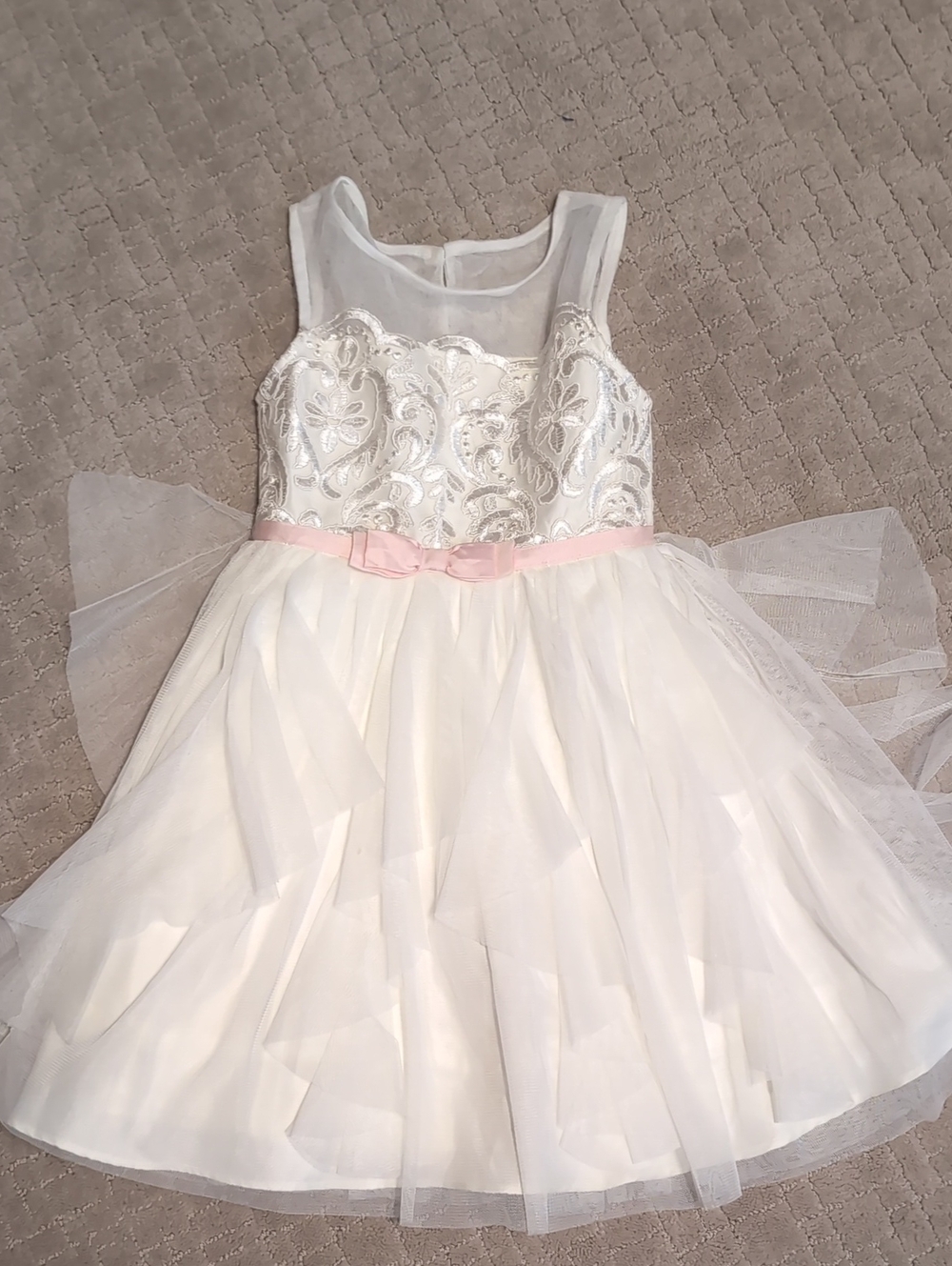 Girls White Tulle Party Dress with Pink Bow